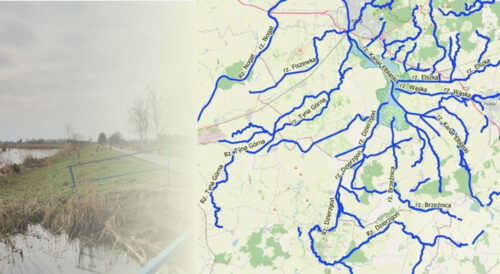 Mapa cieków na Żuławach objętych pracami utrzymaniowymi oraz zdjęcie kanału