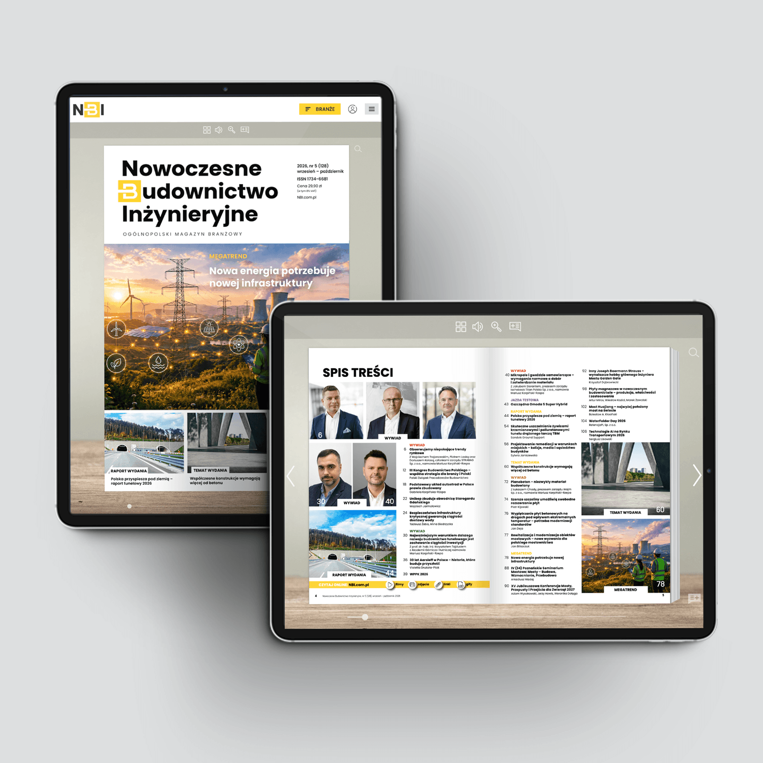 Okładka i spis treści cyfrowego wydania 5 (128), wrzesień–październik 2026, czasopisma branżowego „Nowoczesne Budownictwo Inżynieryjne”.