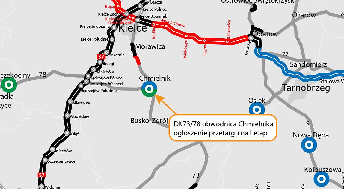 Lokalizacja pierwszego etapu obwodnicy Chmielnika w ciągu DK73 i DK78