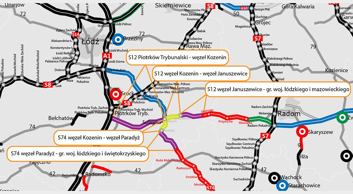 Mapa odcinków S12 i S74 objętych decyzją środowiskową w województwie łódzkim