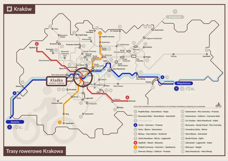 Mapa rowerowa Kładka Kazimierz–Ludwinów – stalowa przeprawa pieszo-rowerowa przez Wisłę w Krakowie