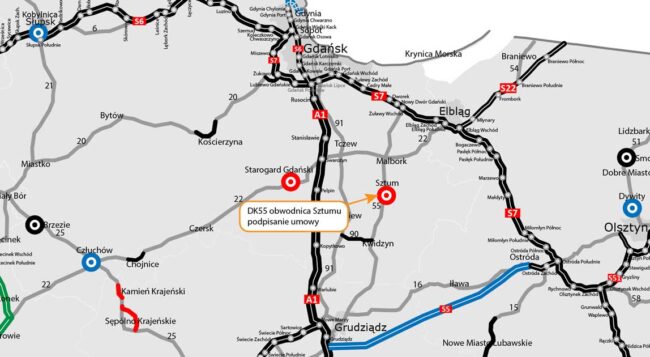 Mapa sieci DK w woj. pomorskim