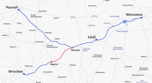 Mapa planowanej linii KDP „Y” z zaznaczonym odcinkiem między Sieradzem a Kępnem