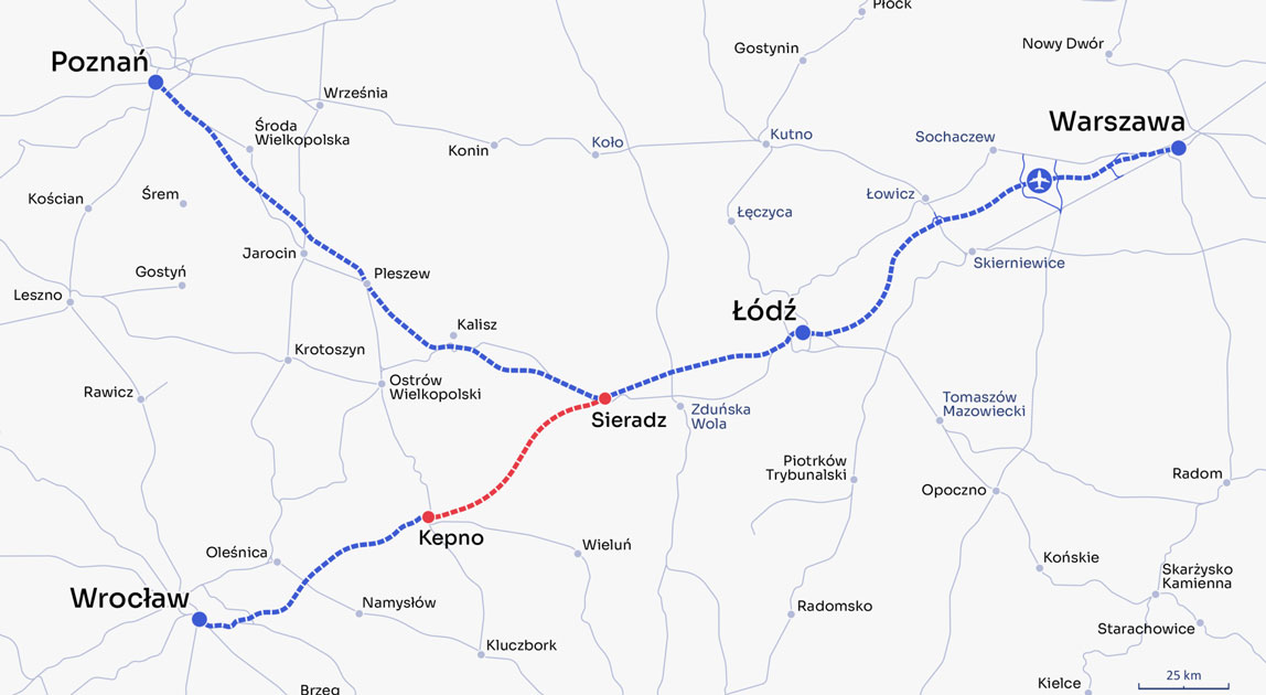 Mapa planowanej linii KDP „Y” z zaznaczonym odcinkiem między Sieradzem a Kępnem