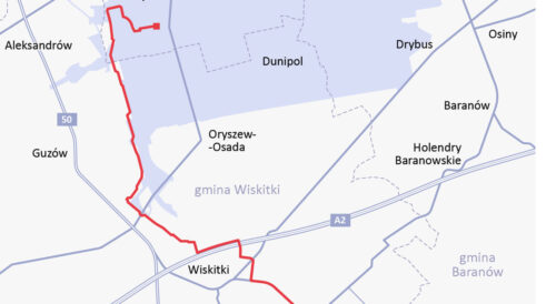 Mapa przebiegu kolektora ściekowego z terenu Portu Polska do sieci kanalizacyjnej w Żyrardowie