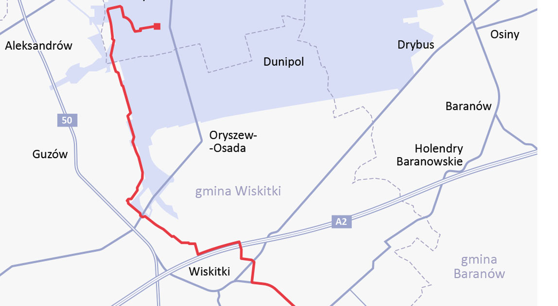 Mapa przebiegu kolektora ściekowego z terenu Portu Polska do sieci kanalizacyjnej w Żyrardowie