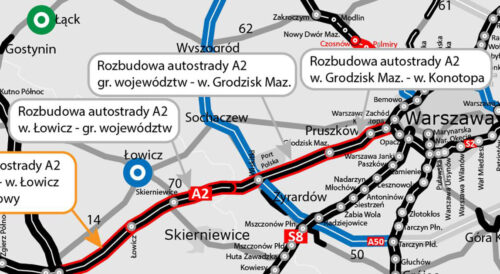 Mapa czterech odcinków autostrady A2 przeznaczonych do rozbudowy między Łodzią a Warszawą