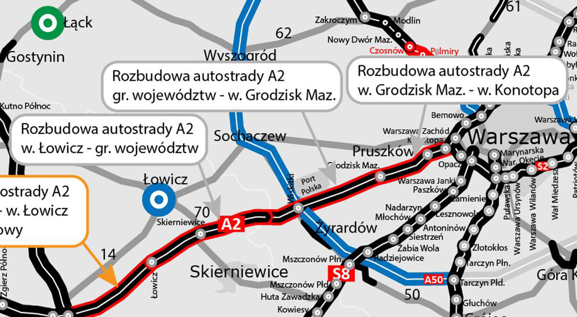 Mapa czterech odcinków autostrady A2 przeznaczonych do rozbudowy między Łodzią a Warszawą