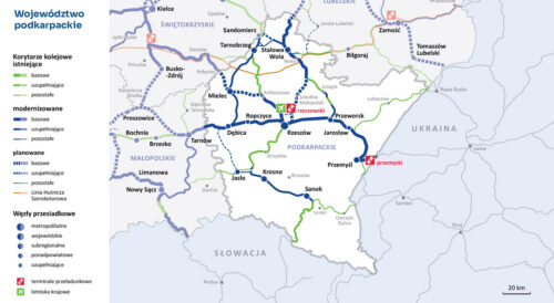 Mapa istniejących, modernizowanych i planowanych linii kolejowych na Podkarpaciu