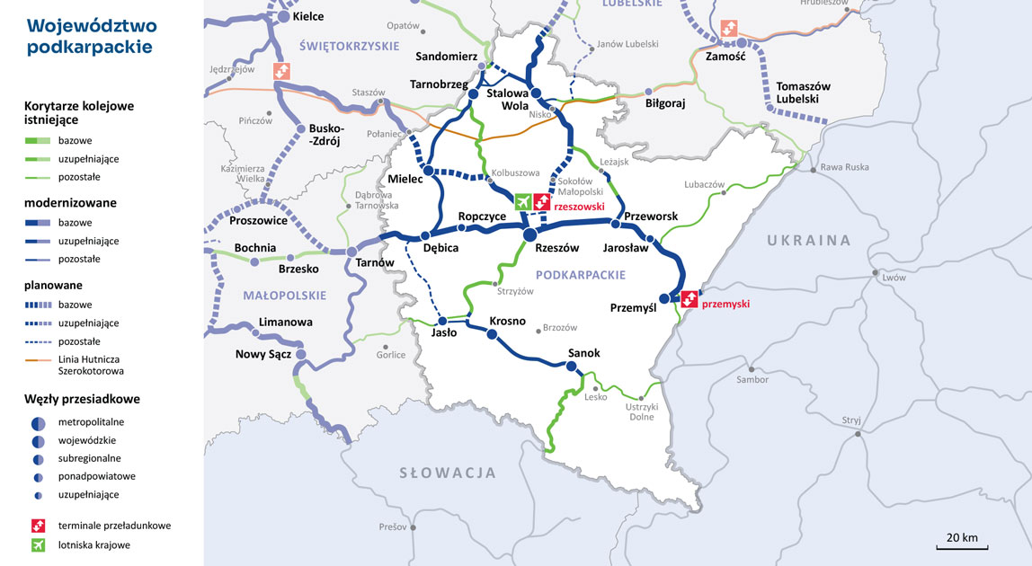 Mapa istniejących, modernizowanych i planowanych linii kolejowych na Podkarpaciu