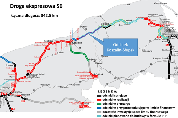 Droga ekspresowa S6 na Pomorzu, mapa: GDDKiA O/Szczecin