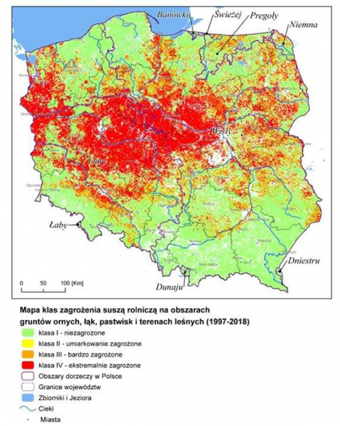 Mapa klas zagrożenia suszą rolniczą z okresu: 1997-2018 r. Źródło: plan przeciwdziałania skutkom suszy (PPSS)